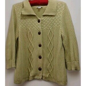 Vintage-Style Grannycore Cardigan Green Cable Knit 3/4 Sleeve L Preppy C&B